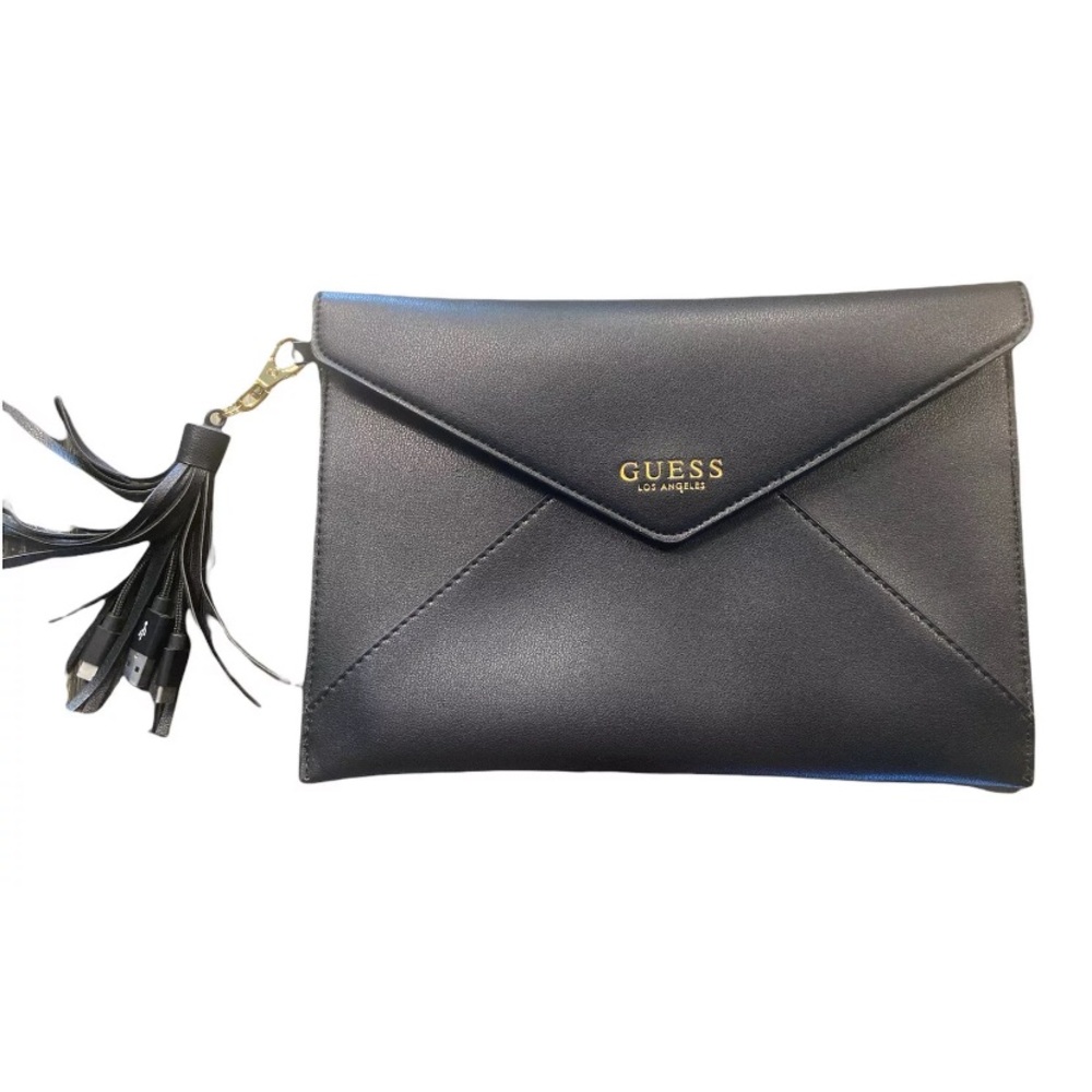 GUESS Clutch Monogram Blk Envelope Flap Trifold Wallet USB Phone Charger…